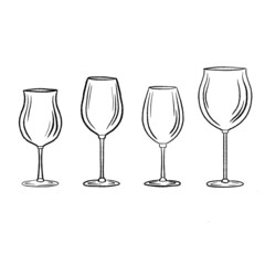 The contour image of wine glasses on a white background. Glasses for wine, whiskey, vodka, cognac, rum, sake, aperol