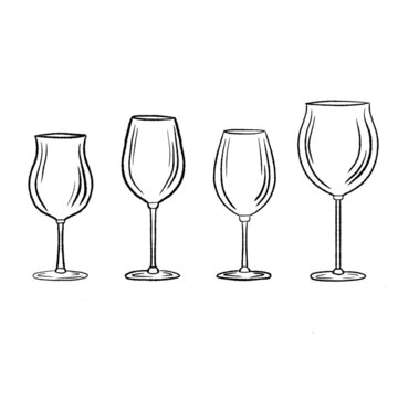 The contour image of wine glasses on a white background. Glasses for wine, whiskey, vodka, cognac, rum, sake, aperol