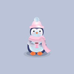 Cute christmas penguin with pink scarf and hat 
