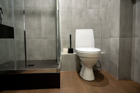 Toilet in the bathroom next to the shower stall in a fresh design interior