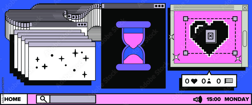 Poster Abstract retrofuturistic collage with user interface elements looking like a program or a computer game. Vaporwave style aesthetics.
