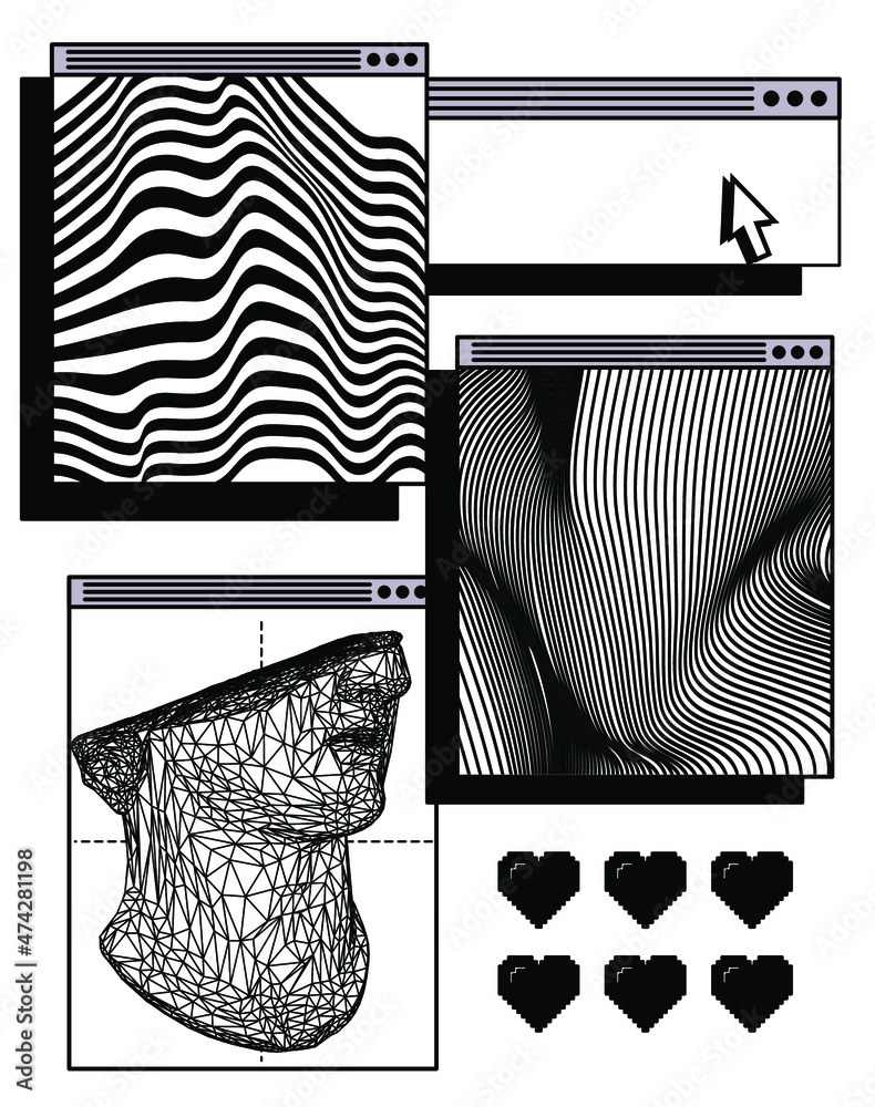Aufkleber Abstract retrofuturistic collage with user interface elements looking like a program or a computer game. Vaporwave style aesthetics.