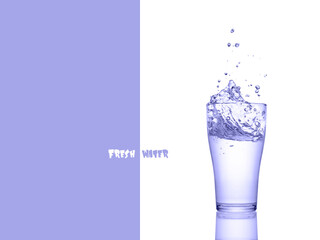 Glass of fresh water with splash and reflection isolated on white background. Card in trendy color 2022 very peri