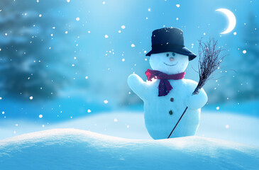 Merry christmas and happy new year greeting card .Two cheerful snowman  standing in winter...
