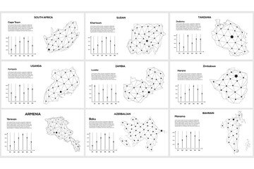 Set line maps. Africa South, Sudan, Tanzania, Uganda, Zambia, Zimbabwe, Azerbaijan, Bahrain. Lines and dots