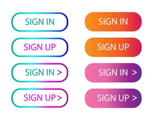 Sign in sign up web buttons set. outline and filled ui web buttons in flat style. rounded vector buttons on trendy gradients with arrows for web and ui design. Vector
