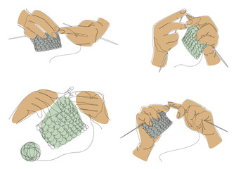 Collection. Knitting with threads. Hands of man, woman in modern trendy style with one line. Solid line, outline for decor, posters, stickers, logo. Vector illustration set.