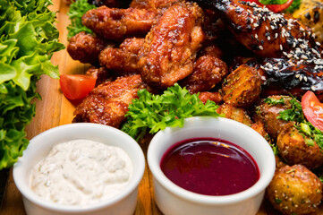 Barbecue chicken with vegetables on wooden table