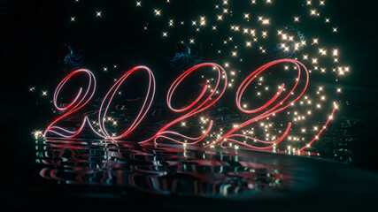 Fototapeta na wymiar Close up of red neon animated light trail number 2022 with a reflection on the wavy water. Golden shine particles fires around. Happy new year 2022. 3d rendering.