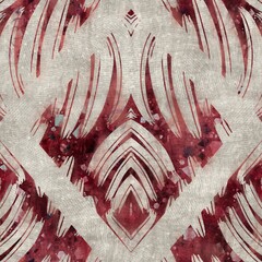 Seamless tribal ethnic damask rug motif for surface pattern design and print. High quality illustration. Grungy trendy boho design in red and textured cream. Resembles indian mehndi henna. Diamond geo - 474283920