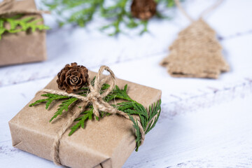 Christmas gifts in craft packaging. Christmas and New Year holidays background