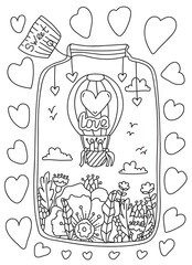 Valentines Day Doodle coloring book page. Glass jar with a Couple in Love flying in a hot air balloon over fantastic flowers and hearts. Vector Lines art design anti-stress for adults and children