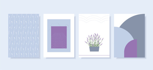 Set of vector paintings. Provence style home posters. Lavender in pots, field, pattern. For prints, covers, wallpapers, minimalism and natural wall art.