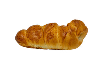 close up single sausage bread isolated on white background, soft baked bun stuffed with pork sausage for fast food breakfast or coffee break
