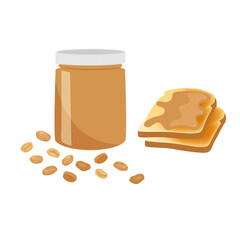 Natural peanut butter in a clear glass jar with a lid. Toast with peanut butter. Flat vector element.