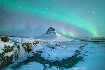 Northern lights (aurora borealis) over Kirkjufell, Snaefellsnes Peninsula, Iceland
