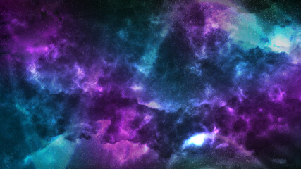 sci-fi illustration of space with large clusters of stars and galaxies in blue and purple nebulae