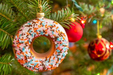Glass Christmas donut hanging on the Christmas tree.