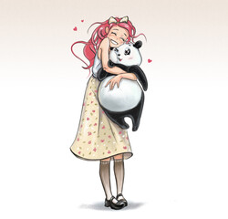 2D anime illustration of a girl and panda bear. The girl hugs her friend. Cute illustration for postcards, posters, greetings, book illustration.