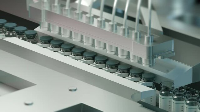 COVID 19 coronavirus vaccine ampules, bottles development. Machine puts bottle caps. Pharmaceutical mass production line, manufacturing row or conveyor belt. Pharmacy factory. Laboratory. 3D Render 4K