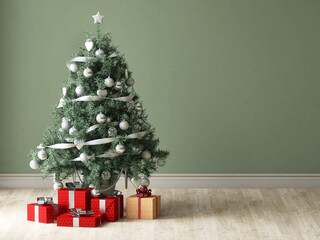 3D render of beautiful green christmas tree full of ornaments with presents boxes for friends and family inside a green living room, blank and empty wall. Copy space, Household product overlay.