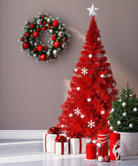 3D render of a colourful and bright red green christmas tree with gifts boxes for friends and family under it, a tradition decoration wreath hanging on the wall. Seasons greeting preparation, 2022.