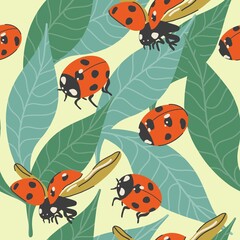 Ladybugs and leaves vector seamless pattern for decoration, packaging, textiles. Flat design, hand-drawn cartoon.