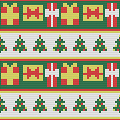 Traditional Christmas knitted ornamental pattern. New Year background with Christmas tree and gifts - 474293398