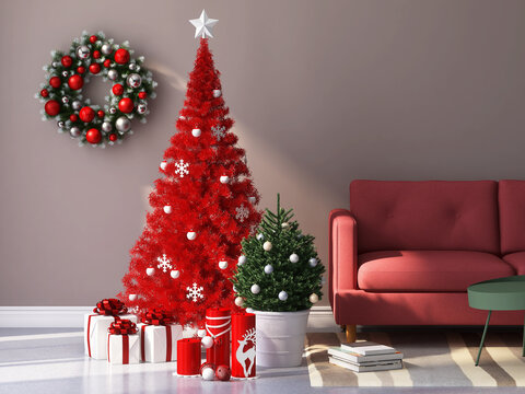 3D render of a colourful and bright red green christmas tree next to a couch with gifts boxes for friends and family under it, a tradition decoration wreath hanging on the wall. Holidays preparation.