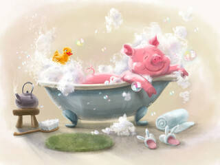 Digital illustration of a Piggy taking a bath with a yellow rubber duckling. Cute pig character relaxing and cozy. Funny image for background, postcards, posters.  © Kateryna