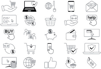 E-commerce and online payments icon set. High quality information single outline symbol for web design or mobile app. Vector icons isolated on a white background. Editable Stroke.