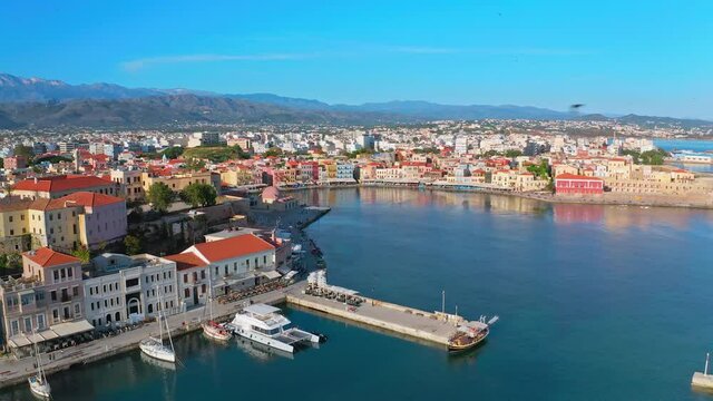 Chania old town and Venetian harbor aerial panorama. Travel to Greece landscape