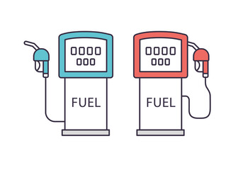 Gas fuel pump isolated icons set, gasoline petrol filling station cartoon vector line sign.