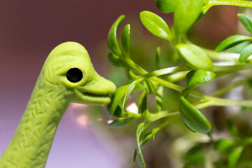 Micro greens with tiny toy dinosaur. Macro micro greens. Bright healhy food background