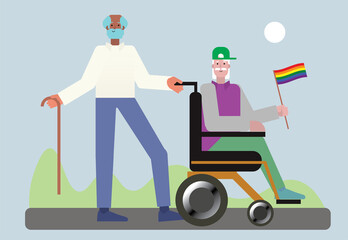 illustration of mature gay couple, old man with walking stick standing by the man in the wheelchair with LGBT flag, both happily smiling. Flat character design