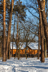 a large wooden house can be seen between snow-covered trees on a clear sunny day