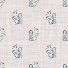  Seamless french farmhouse squirrel linen printed fabric background. Provence blue gray pattern texture. Shabby chic style woven background. Textile rustic scandi all over print effect.  - 474294953