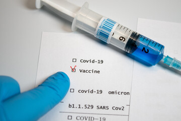 Vaccine for sars covid 19 variant omincron, in syringe ready for use in the hospital.