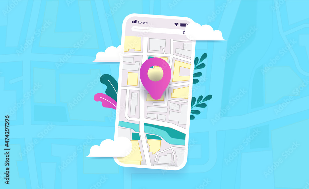 Aufkleber Map on phone with geotag symbol - Smartphone with app showing city map and destination. Colourful vector illustration