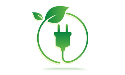 Green energy icon - Symbol with electricity and green leafs. Vector illustration