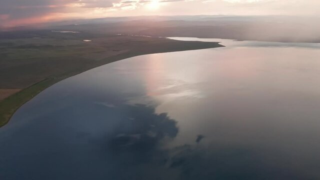 Beautiful sunsets over lakes Shira and Bele, Lake Khakassi, Aerial view, drone, Russia