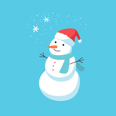 Vector snowman on an isolated background, drawn in flat style. Snowman in a red hat and a scarf. Snowflakes and snowfall.