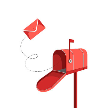 Red mailbox with an envelope on an isolated background. Open postbox, directed trajectory letter. The mailbox is drawn in flat style.