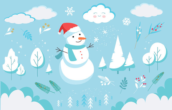 Set of vector images for a winter card on an isolated background. Snowman, clouds, trees, Christmas trees and branches with berries in flat style. Christmas stickers for kids posters