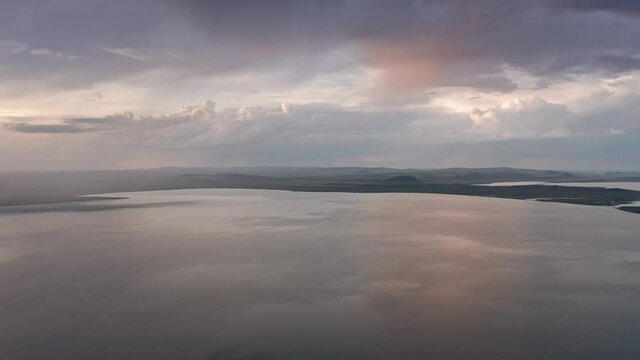 Beautiful sunsets over lakes Shira and Bele, Lake Khakassi, Aerial view, drone, Russia