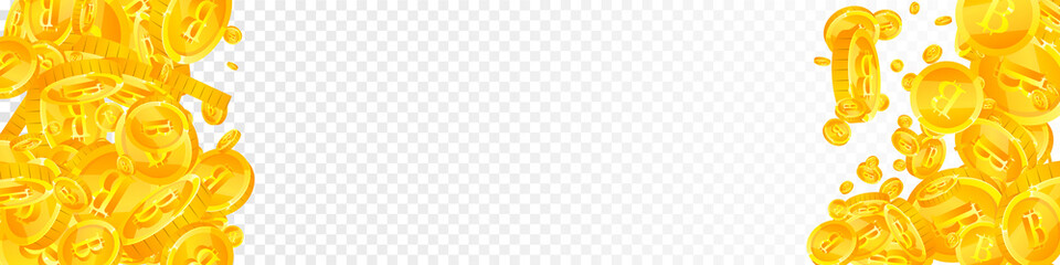 Bitcoin, internet currency coins falling. Beautiful scattered BTC coins. Cryptocurrency, digital money. Pretty jackpot, wealth or success concept. Vector illustration.