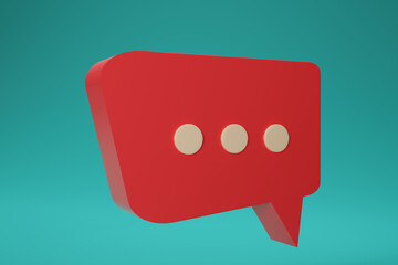 3D render red Minimal chat bubble. Contact us or chat  icon 3D in blue green background. Concept of communication, social media messages, SMS, comments. 3d rendering