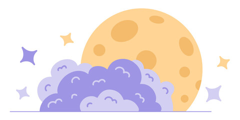 Night sky with clouds, moon and stars, icon in a doodle hand drawn style, isolated on a white background. Vector illustration