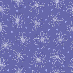 Seamless florar pattern in trendy color very peri. Hand drawing white daises on purple background.