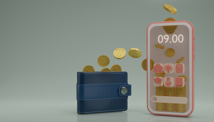 3D render cash back icon with  gold coins money from smartphone to wallet or purse. Cashback or Refund money service design.Online payment on blue background. Income, savings, investment, 3d rendering